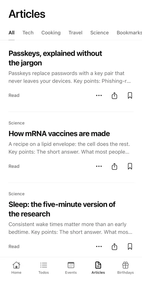 The Articles screen with categories and article previews