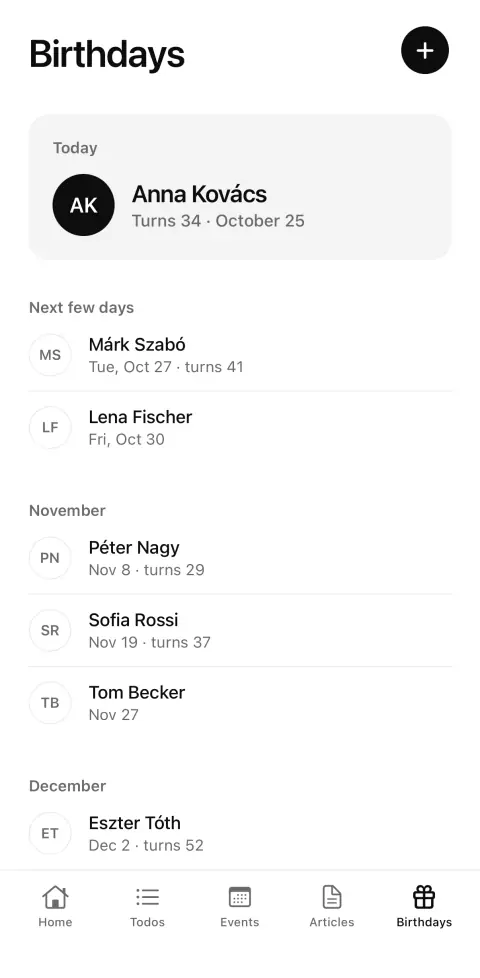 The Birthdays screen: today's birthday and the next few days