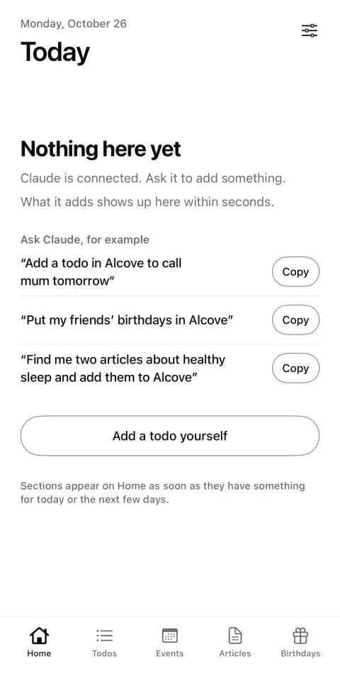 Alcove's Today screen after connecting: Claude is connected, with example requests to try