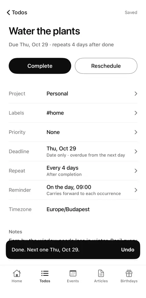 A repeating todo just completed, with the message Done. Next one Thu, Oct 29, and Undo