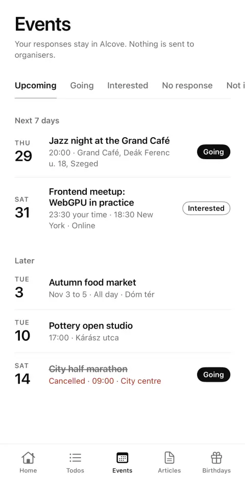 The Events screen: the next 7 days and later, with Going and Interested