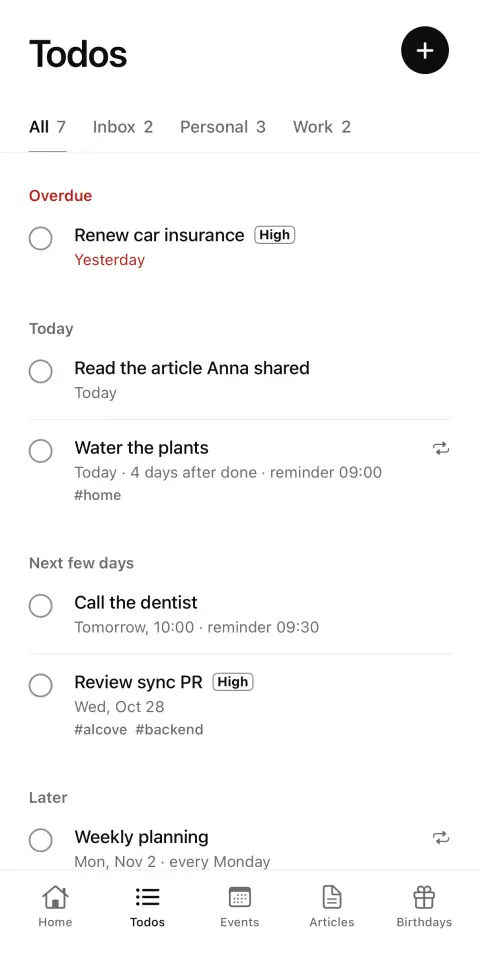 The Todos screen: overdue, today, next few days and later